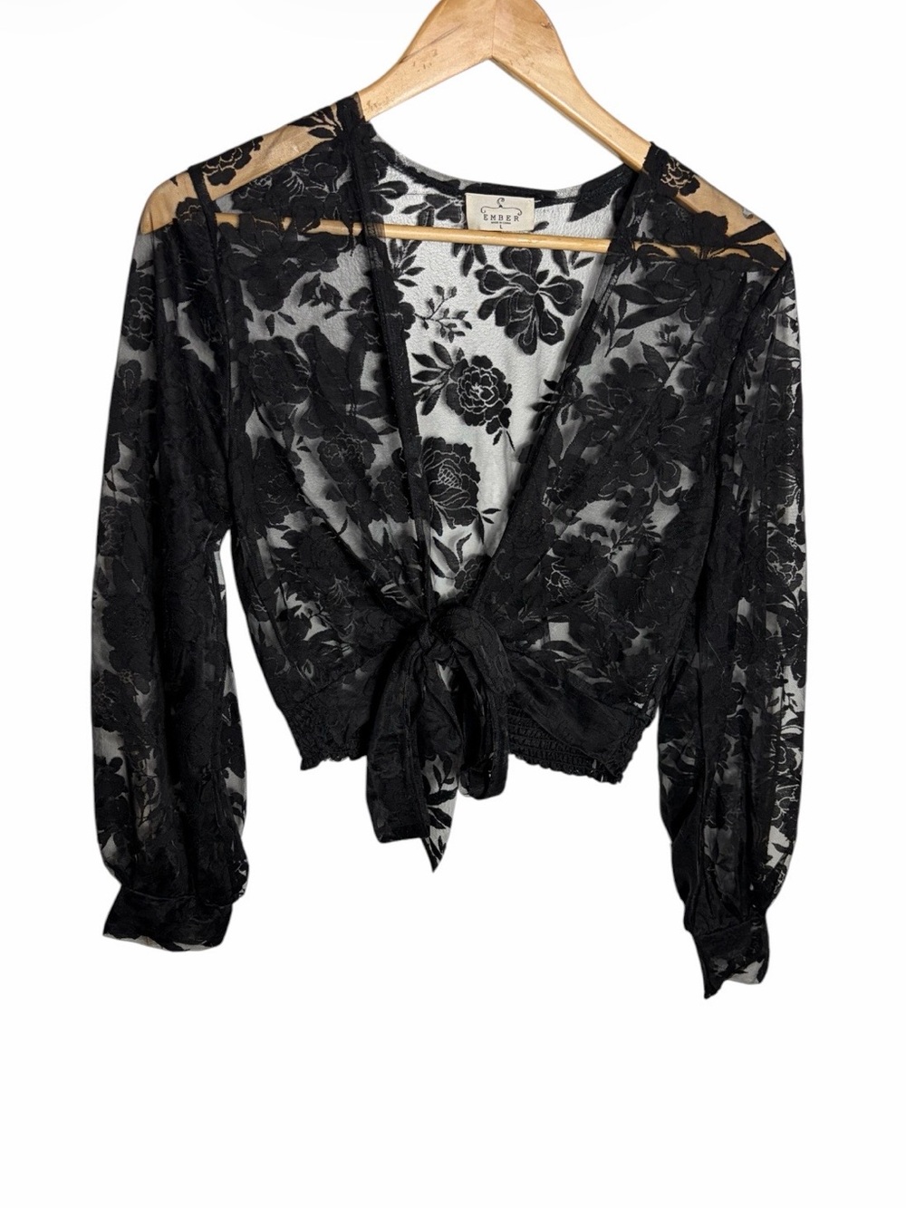 Black mesh sheer floral long sleeve tie front cropped blouse size L